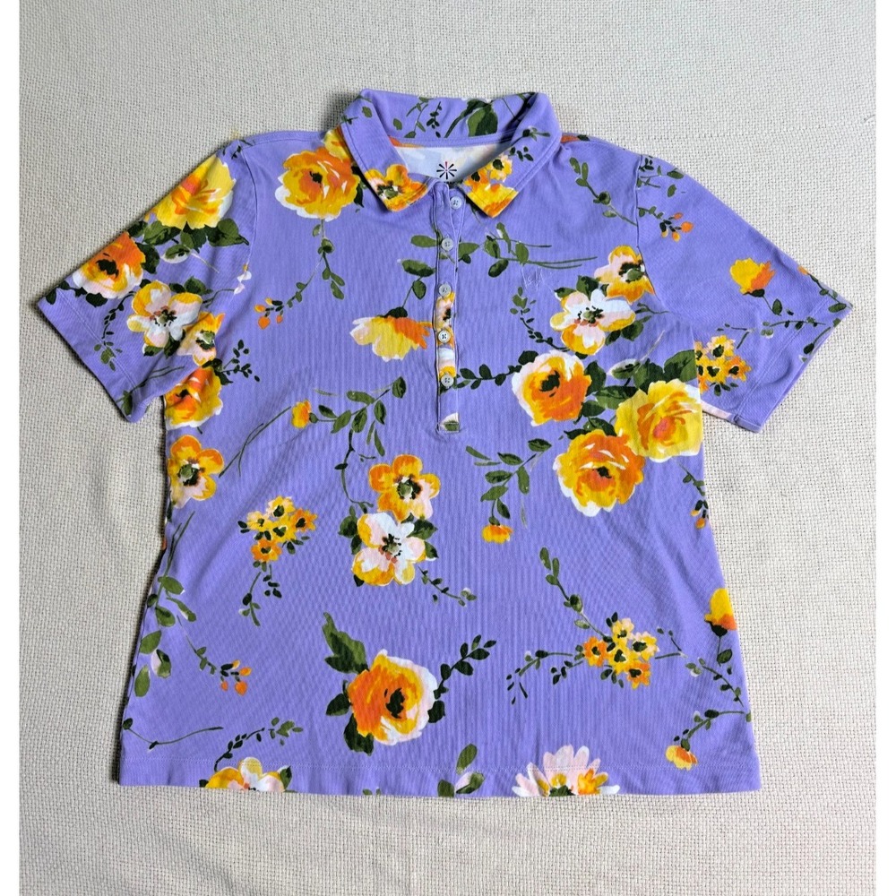 Isaac Mizrahi Live Women's Floral Purple Cotton Polo Shirt Size L
